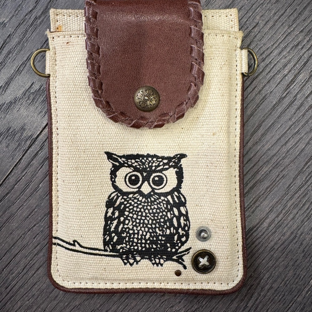 Small Owl Wallet/Phone Canvas Pouch - Brown and Cream- crossbody not included